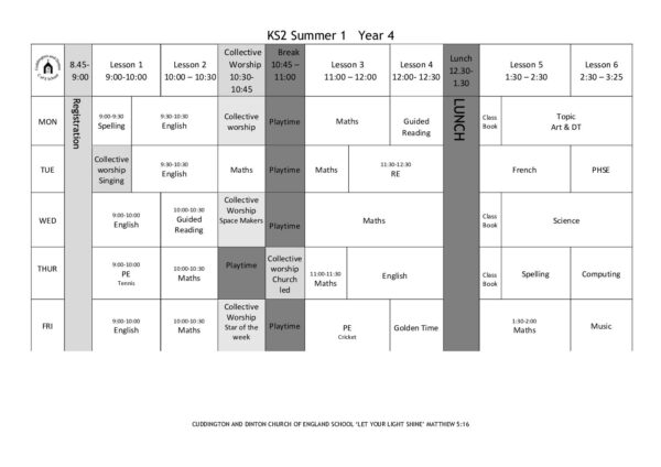 Year 4 Summer 1 timetable 2024 - Cuddington and Dinton School