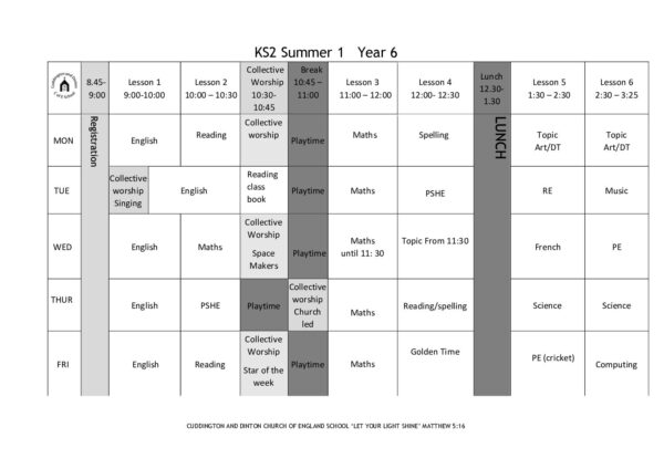 Year 6 Summer 1 timetable 2024 - Cuddington and Dinton School